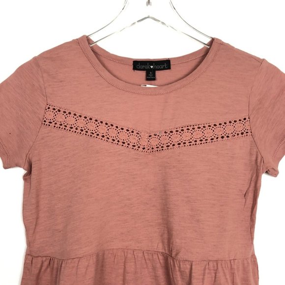 NWT Derek Heart V-Neck Lace Inset Tiered Peasant Blouse Peplum Babydoll Pink - Picture 3 of 5